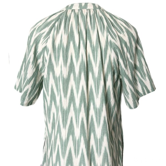 Oliphant Green White Ikat Cotton V-Neck Mini Shift Dress Pockets Short Sleeve XS - Picture 4 of 6